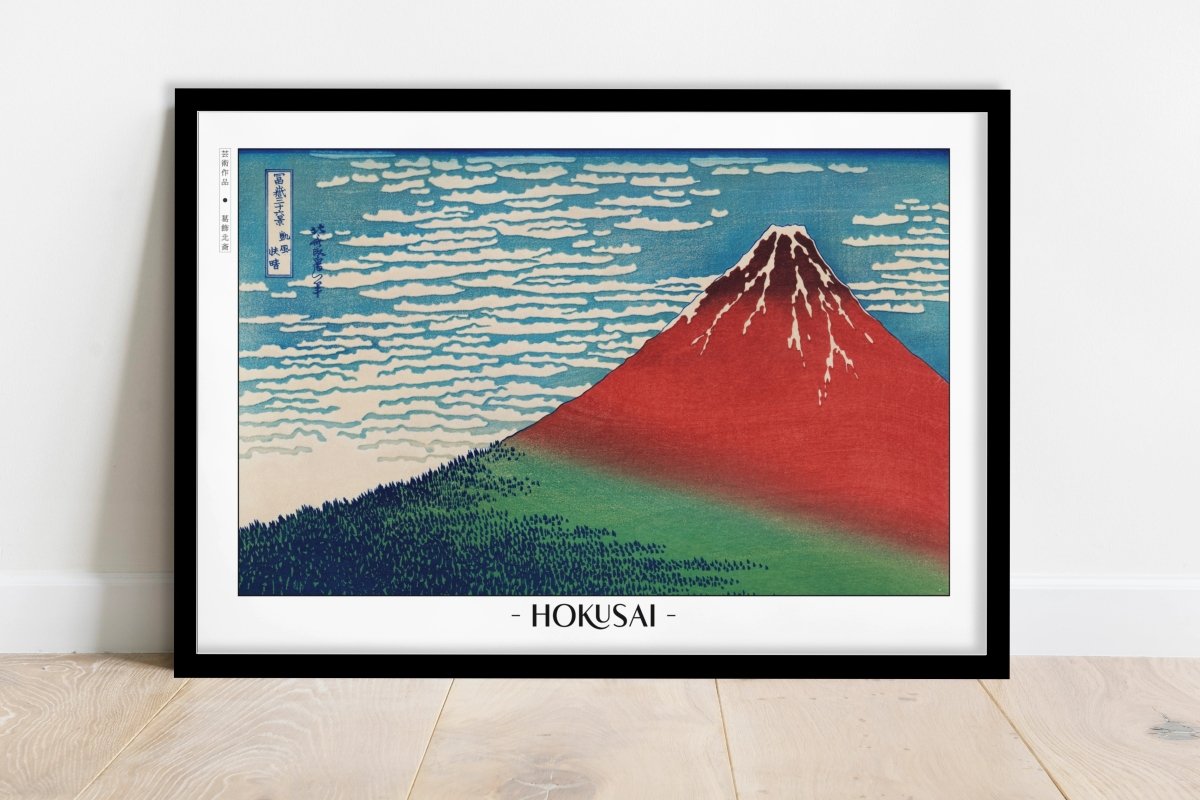 Hokusai - Red Fuji - Artist Name - Black Frame