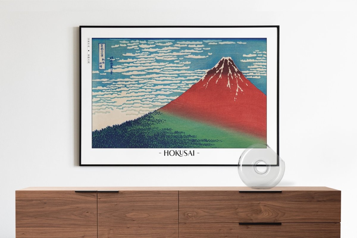 Hokusai - Red Fuji - Artist Name with Decor