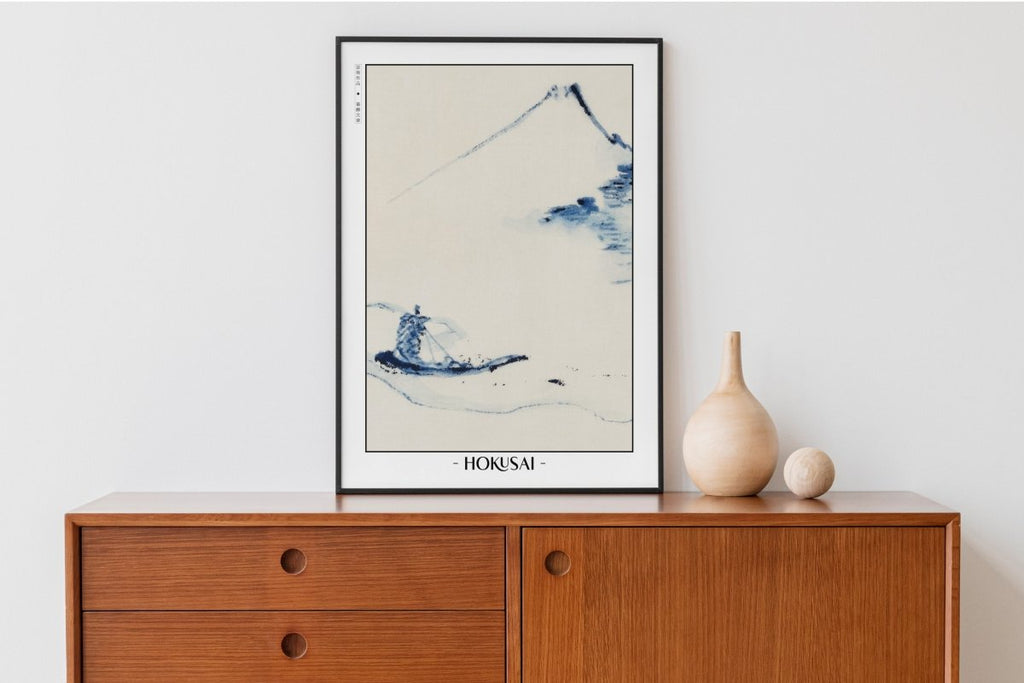 Hokusai - A Person in a Small Boat - Artist Name with Decor