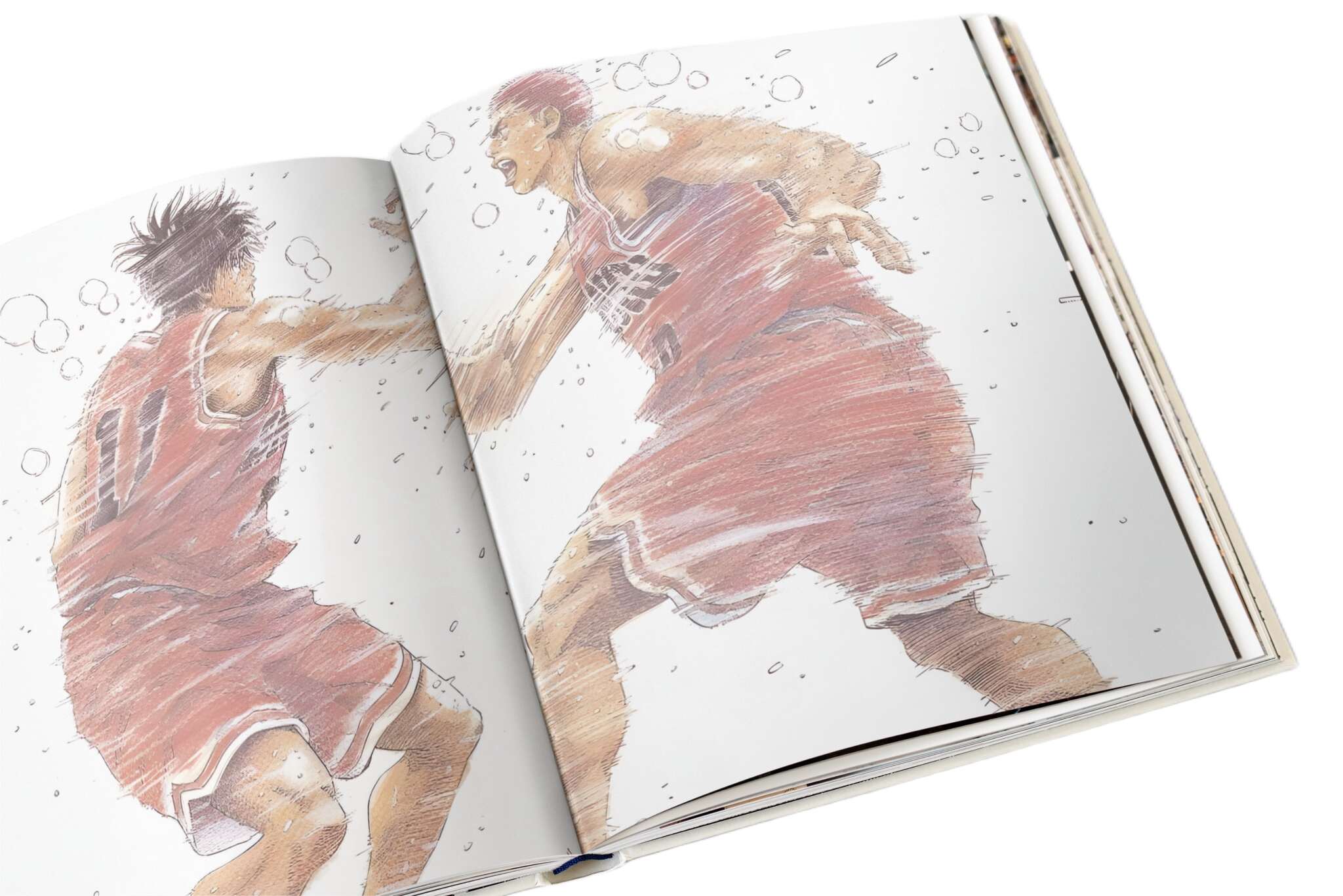 High-energy Slam Dunk illustration by Takehiko Inoue showing intense on-court movement and motion-driven linework.