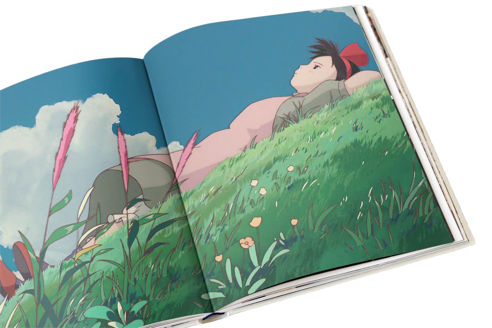 Studio Ghibli anime poster of peaceful character resting on green hillside under open sky with soft natural colour