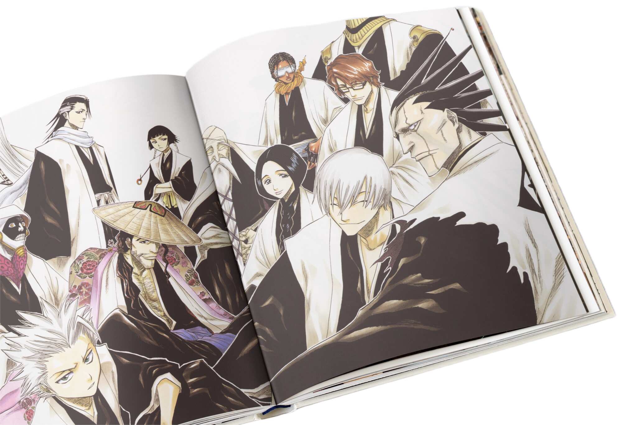 Tite Kubo anime poster featuring soul reaper characters in clean black and white robes with balanced composition