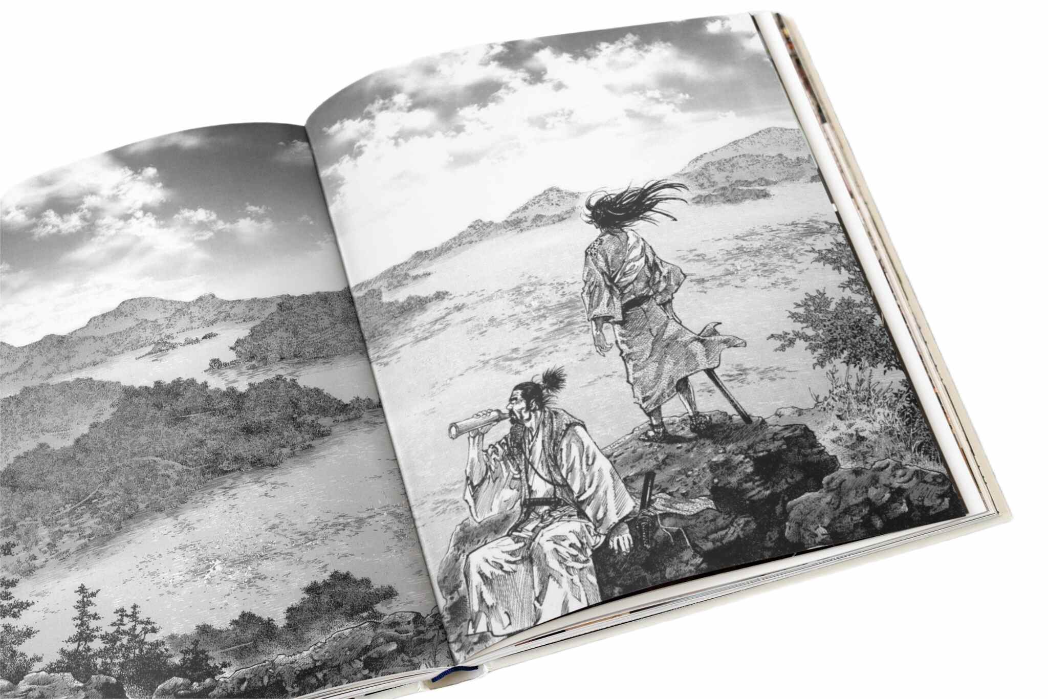 Black and white Vagabond manga spread by Takehiko Inoue showing open terrain and balanced composition.