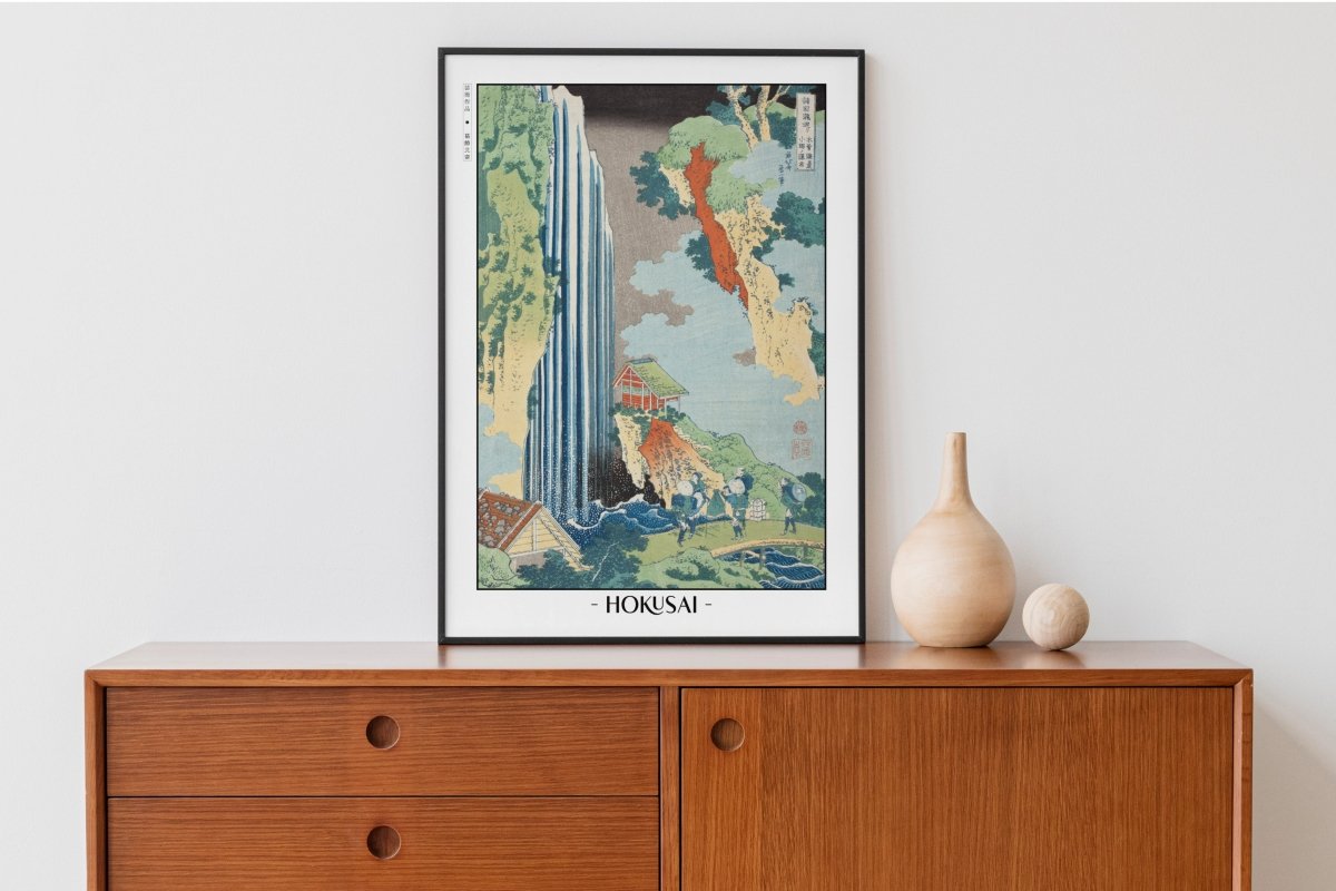 Hokusai - The Waterfall at Ono on the Kiso Road - Artist Name with Decor