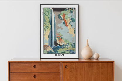 Hokusai - The Waterfall at Ono on the Kiso Road - Artist Name with Decor