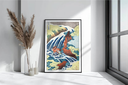Hokusai - The Waterfall Where Yoshitsune Washed His Horse - Art Only with Decor