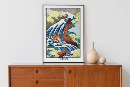 Hokusai - The Waterfall Where Yoshitsune Washed His Horse - Artist Name with Decor