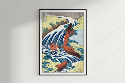 Hokusai - The Waterfall Where Yoshitsune Washed His Horse - Art Only - Black Frame