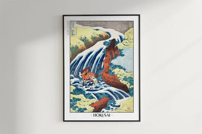 Hokusai - The Waterfall Where Yoshitsune Washed His Horse - Artist Name - Black Frame