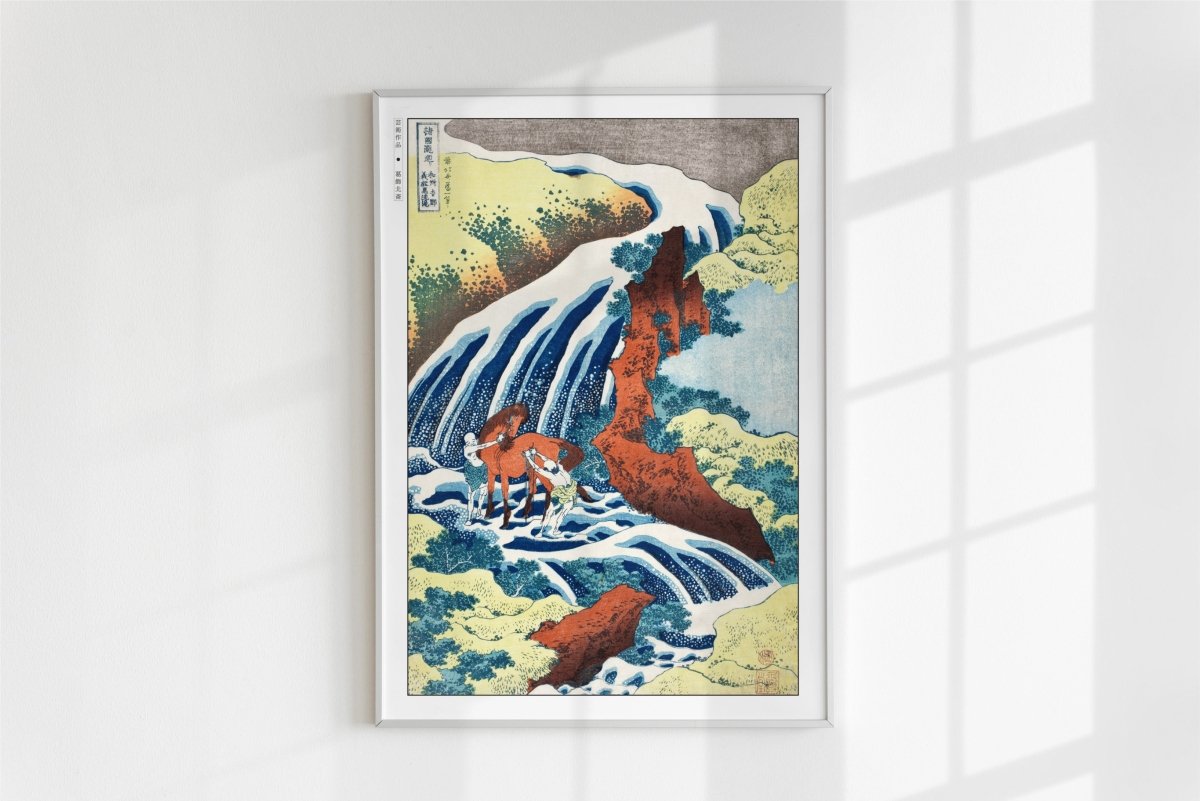 Hokusai - The Waterfall Where Yoshitsune Washed His Horse - Art Only - White Frame
