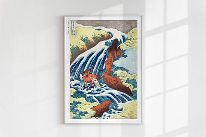 Hokusai - The Waterfall Where Yoshitsune Washed His Horse - Art Only - White Frame