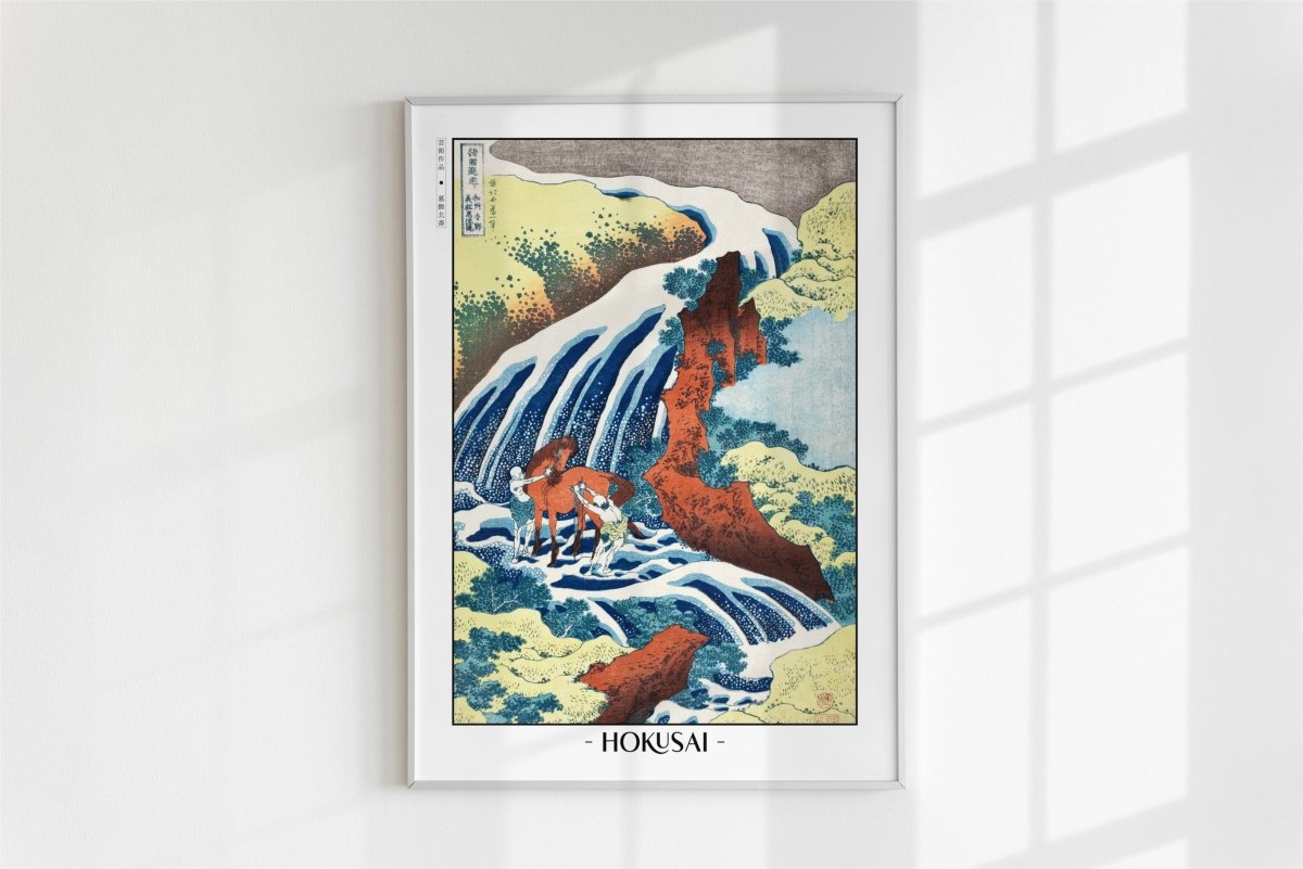 Hokusai - The Waterfall Where Yoshitsune Washed His Horse - Artist Name - White Frame
