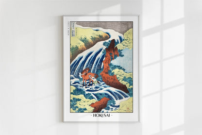 Hokusai - The Waterfall Where Yoshitsune Washed His Horse - Artist Name - White Frame